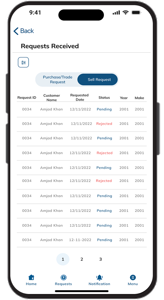 Carlutions dealer requests received table screen
