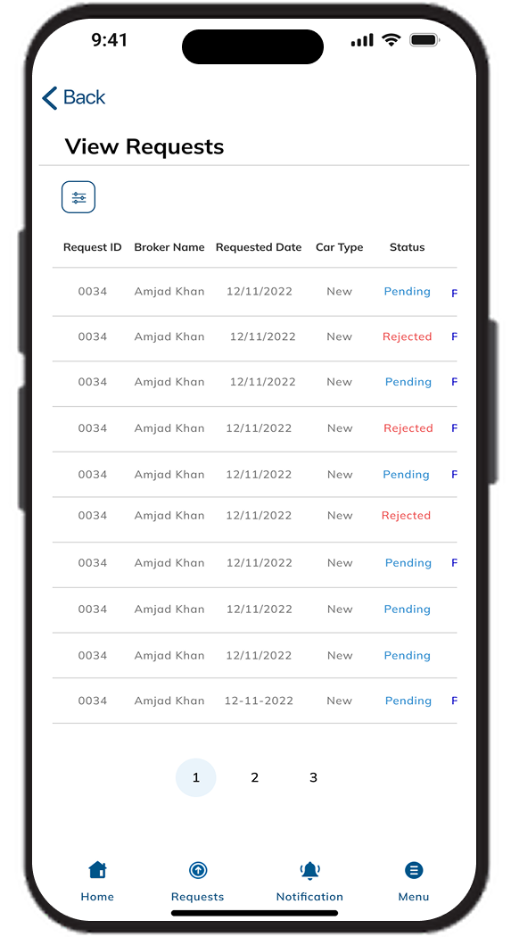 Carlutions broker request management screen