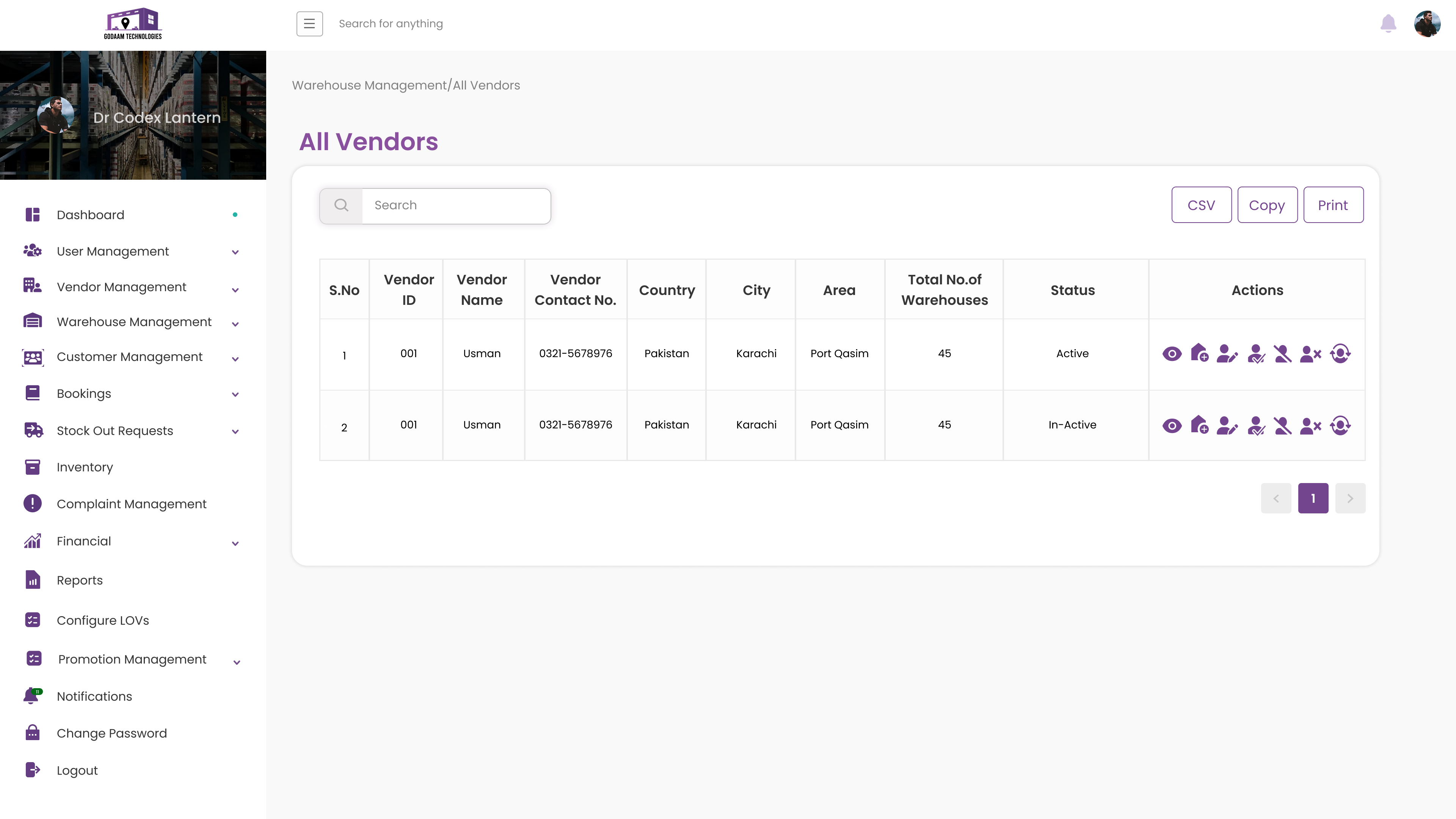 Godaam Technologies All Vendors master directory screen