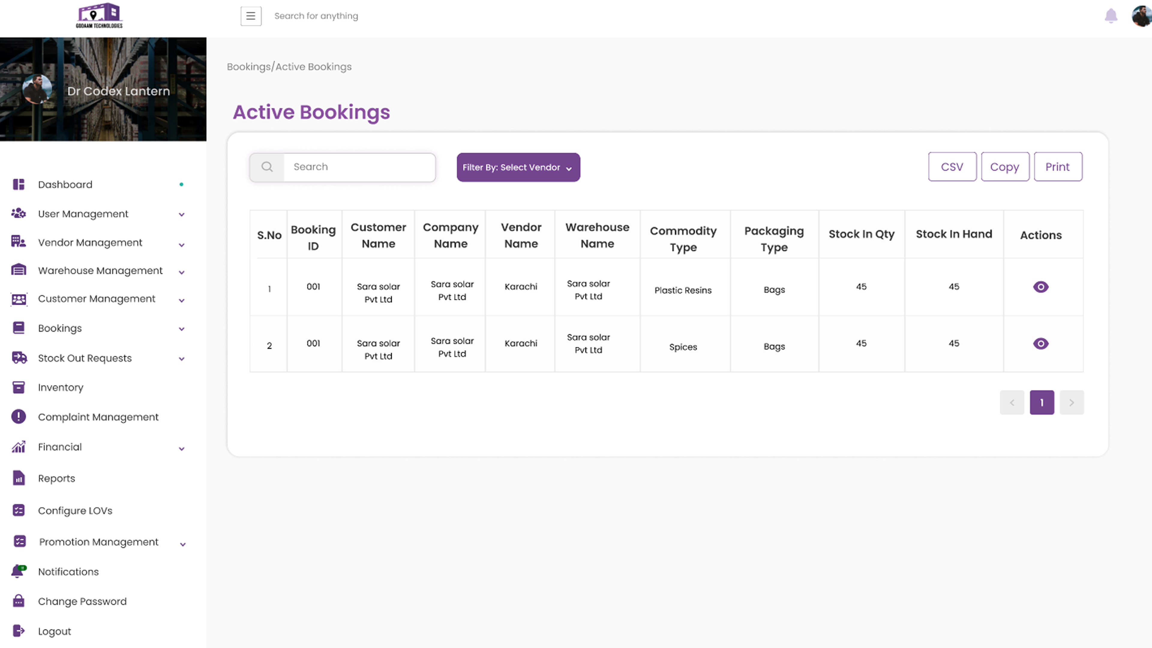 Godaam Technologies Bookings pipeline screen