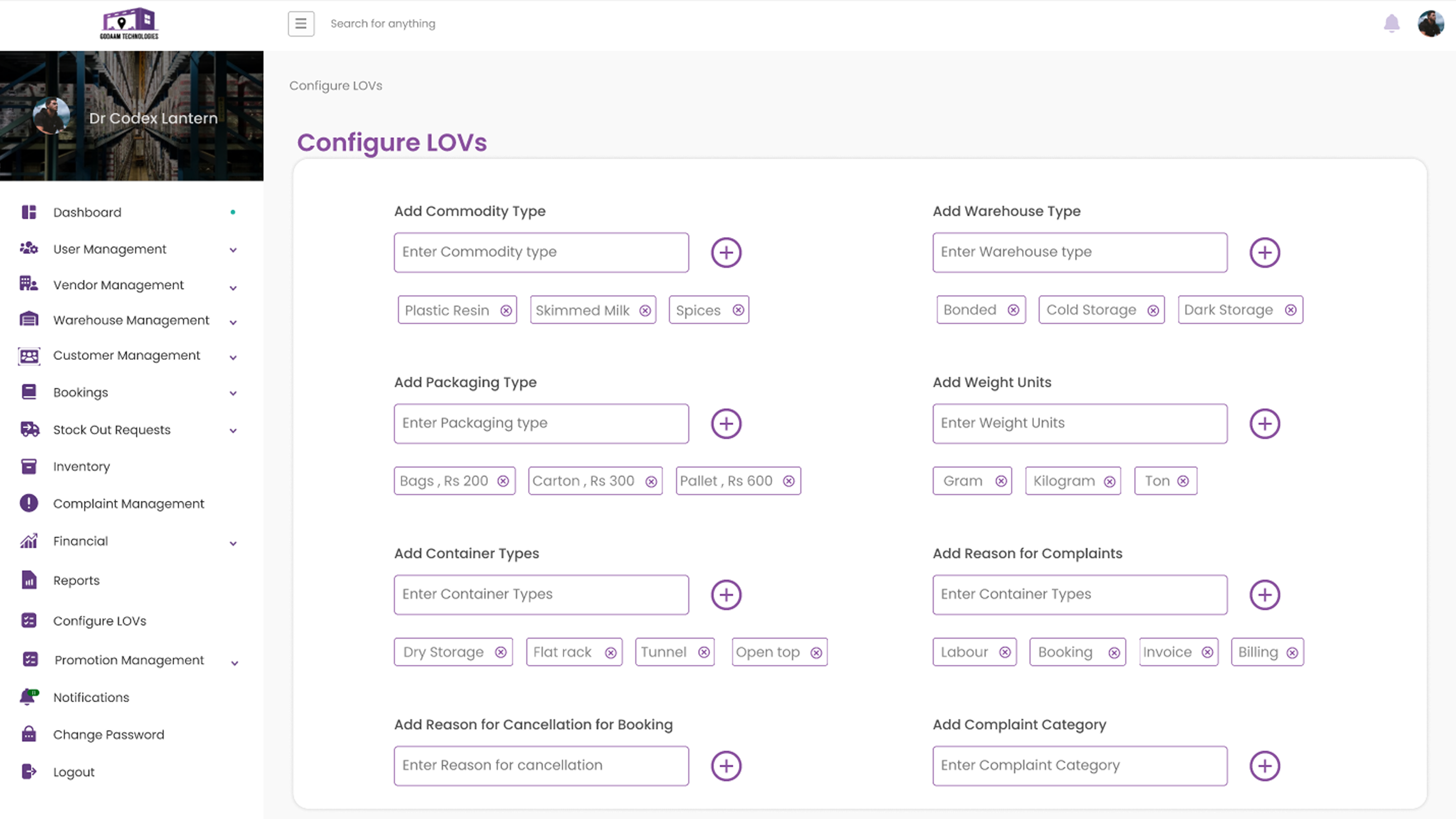 Godaam Technologies Configure LOVs master data screen