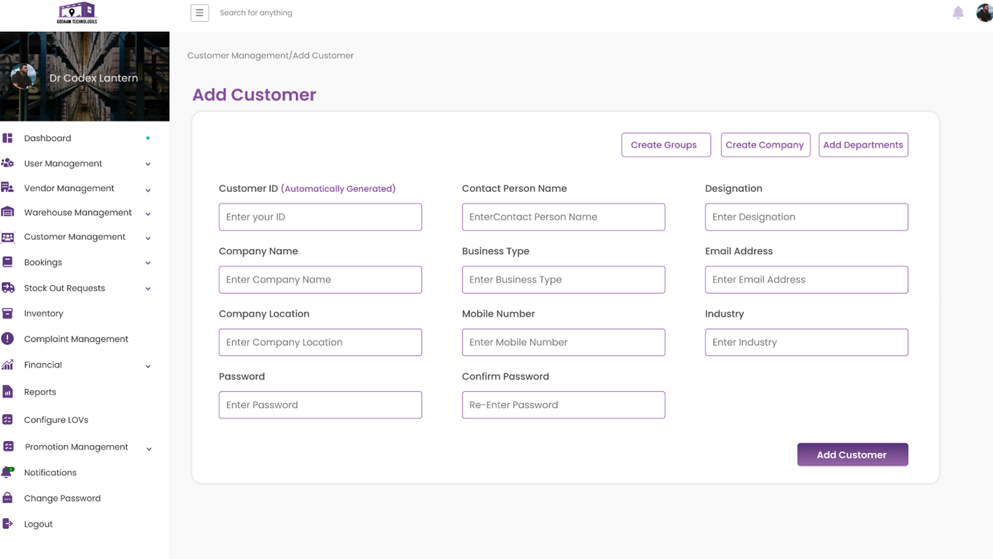 Godaam Technologies Customer Management screen
