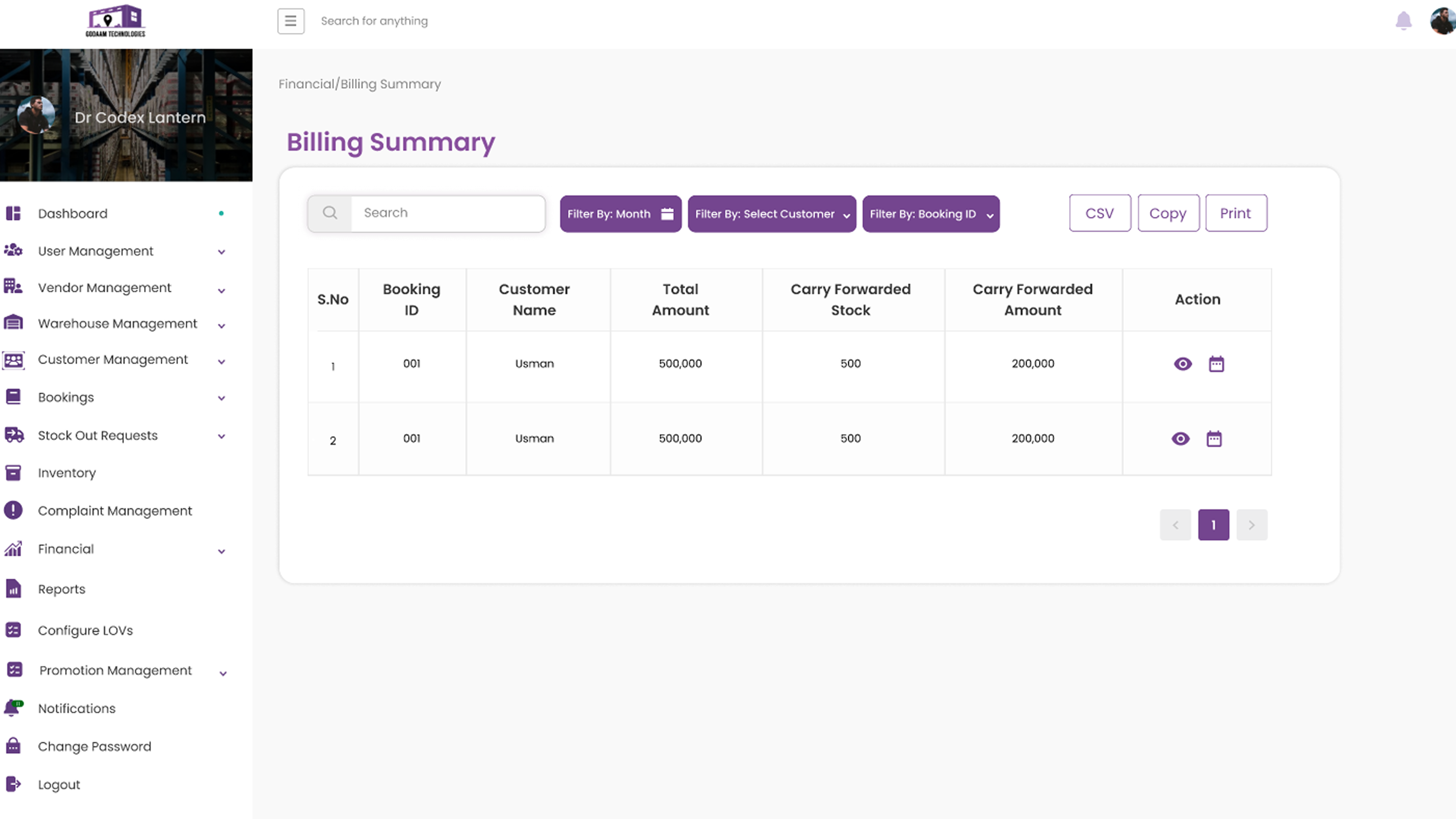 Godaam Technologies Financial billing and invoicing screen