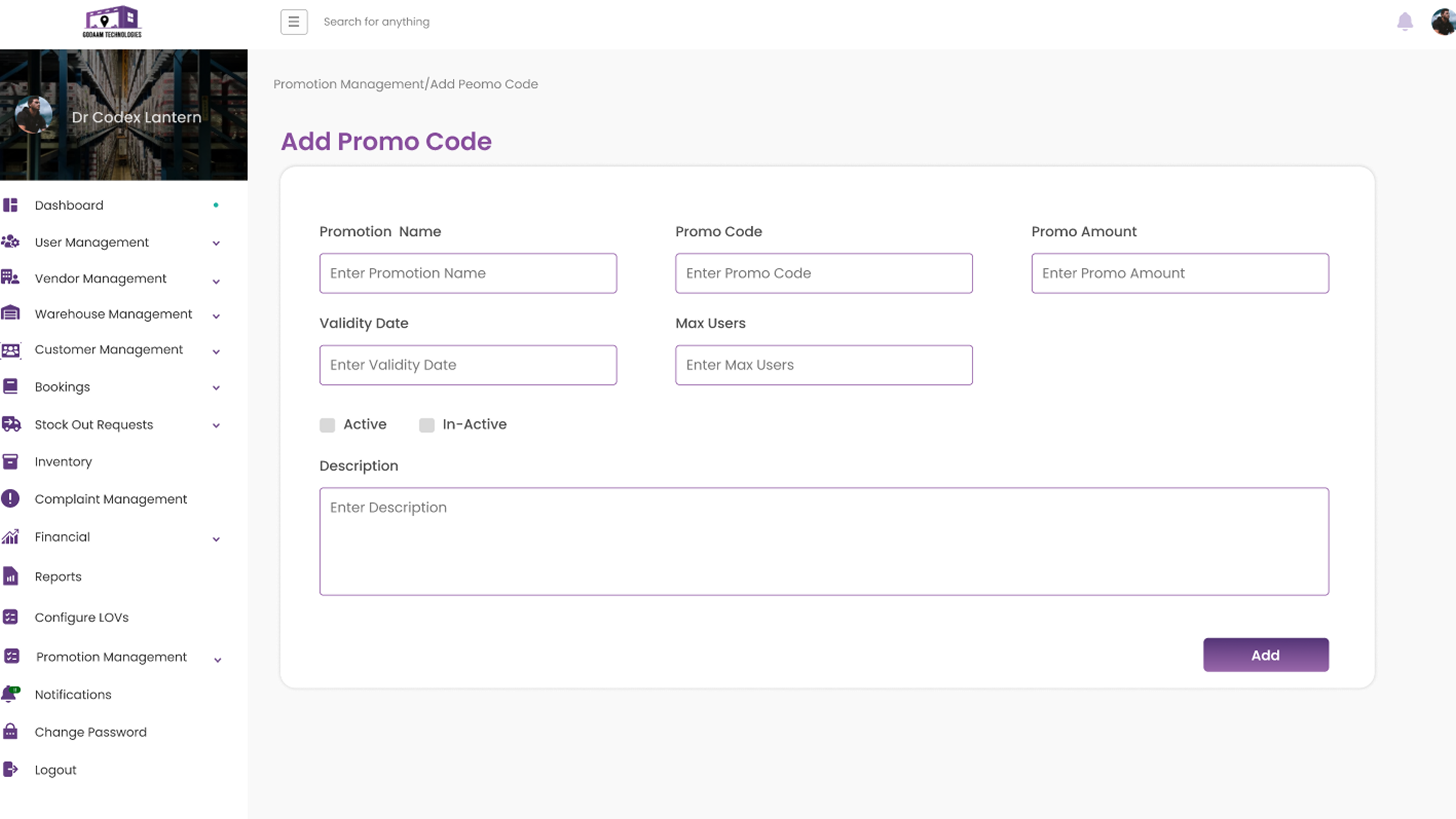 Godaam Technologies Promotion Management screen