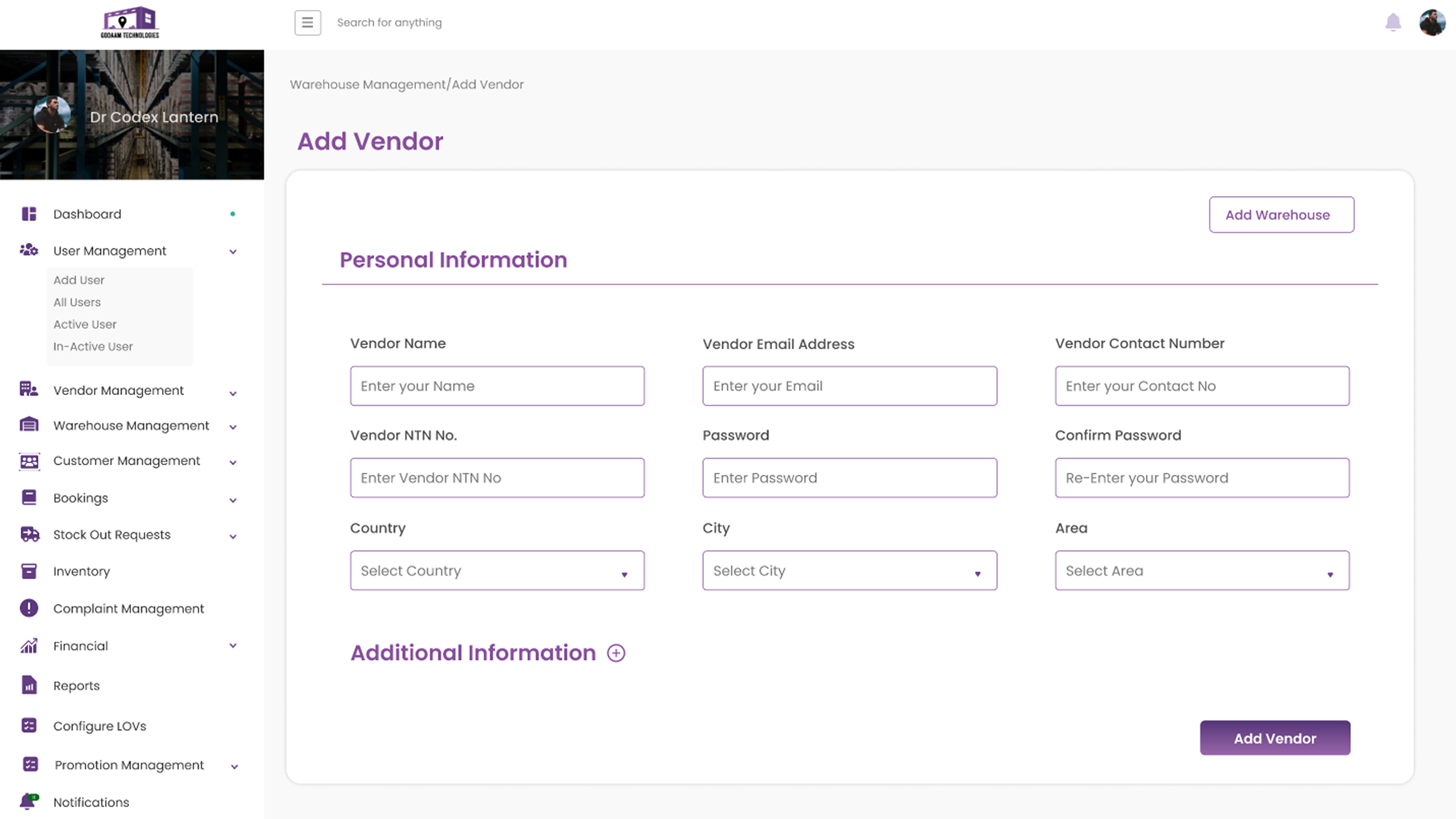 Godaam Technologies Vendor Management lifecycle screen