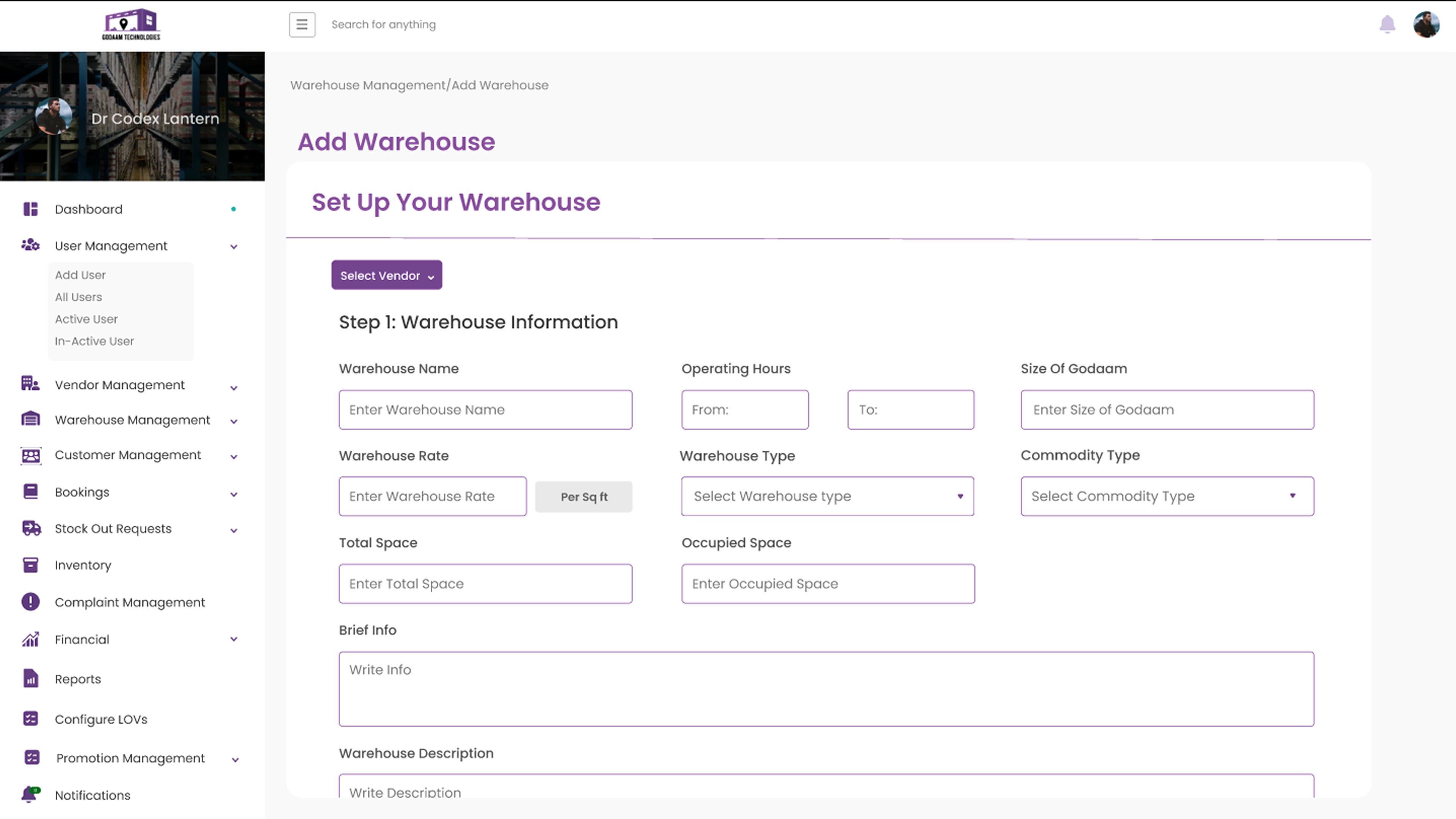 Godaam Technologies Warehouse Management screen
