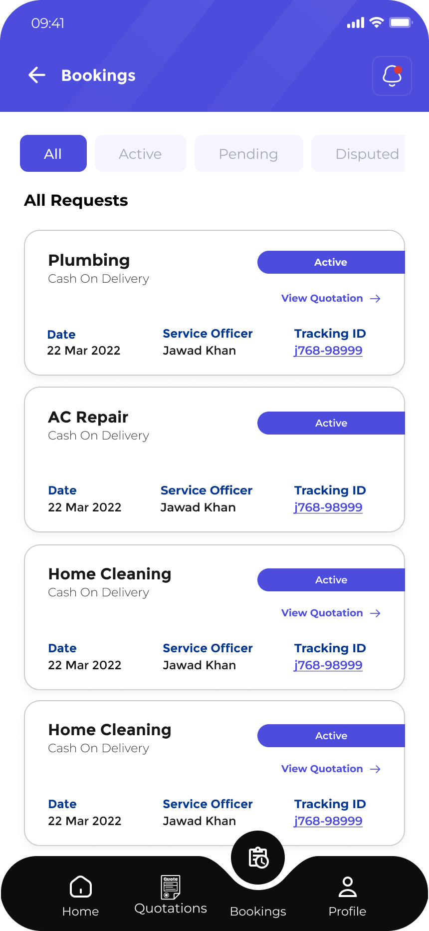 House Maintenance bookings and tracking screen