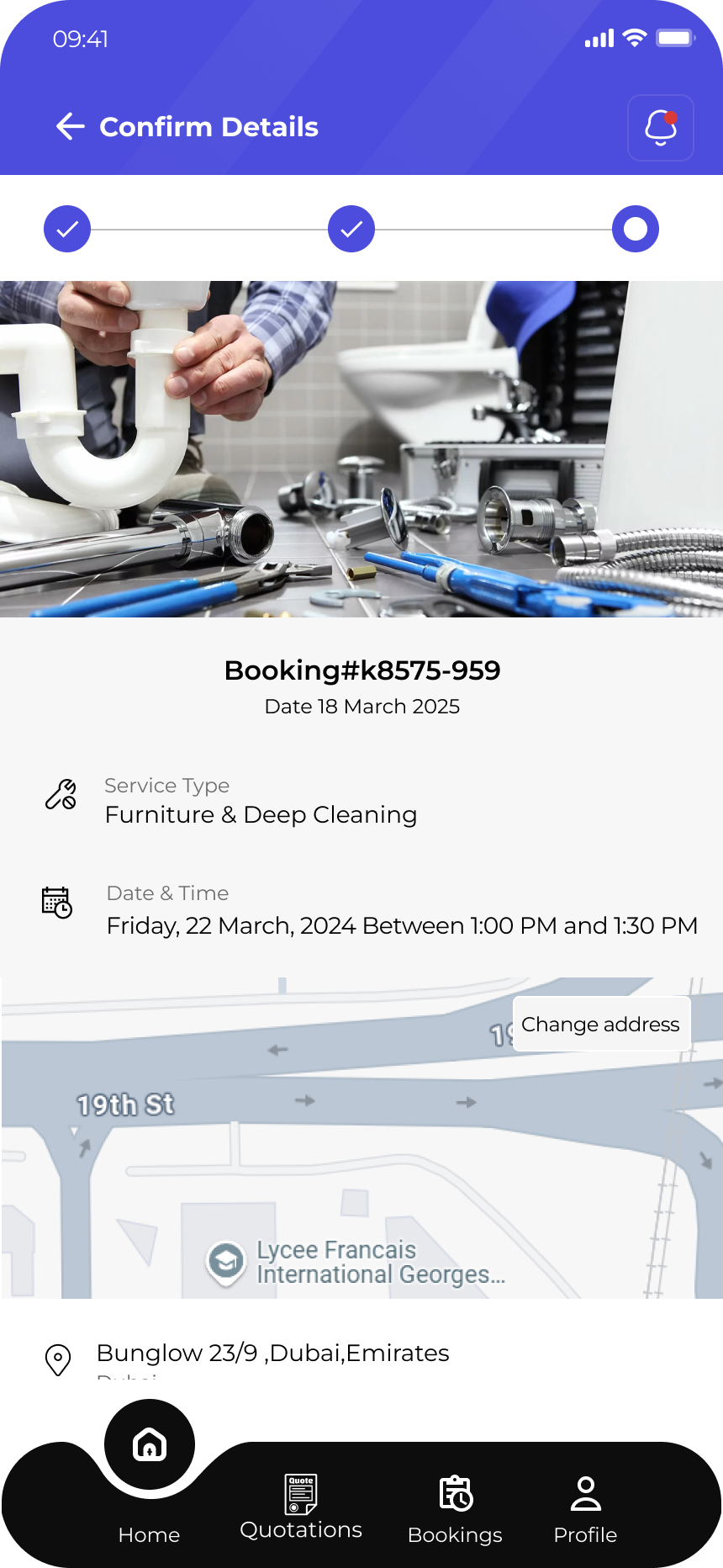 House Maintenance booking confirmation screen