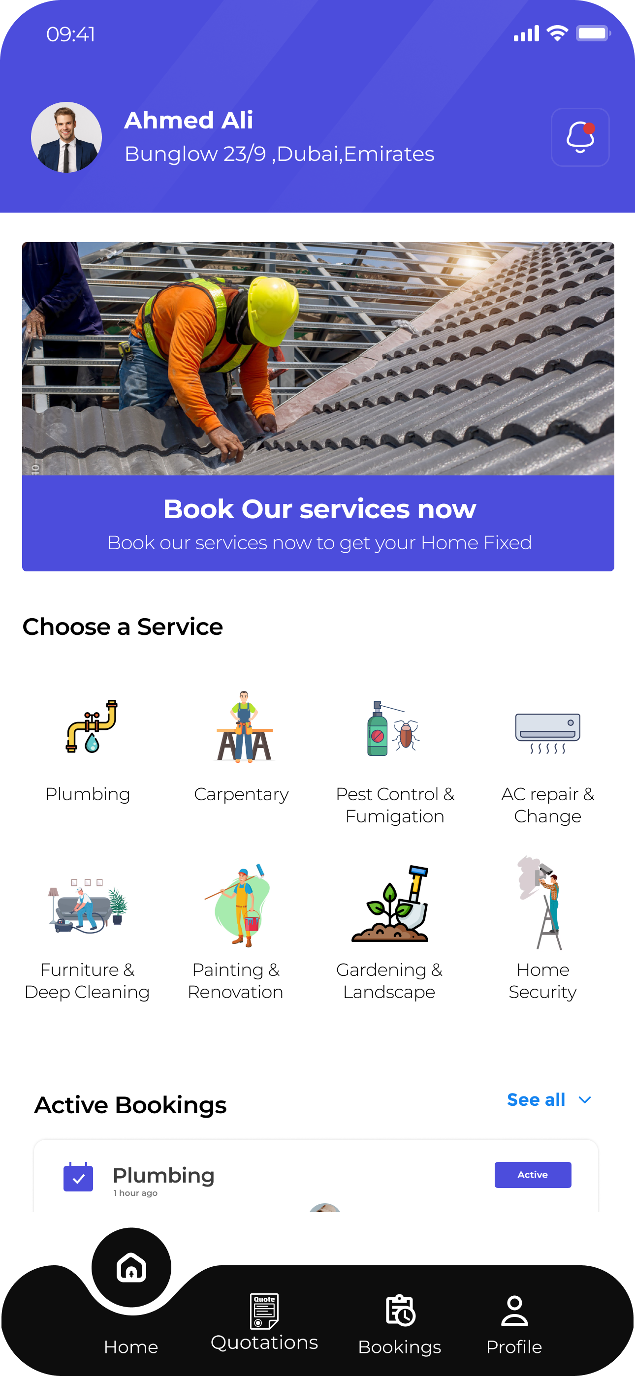 House Maintenance home dashboard and service selection screen