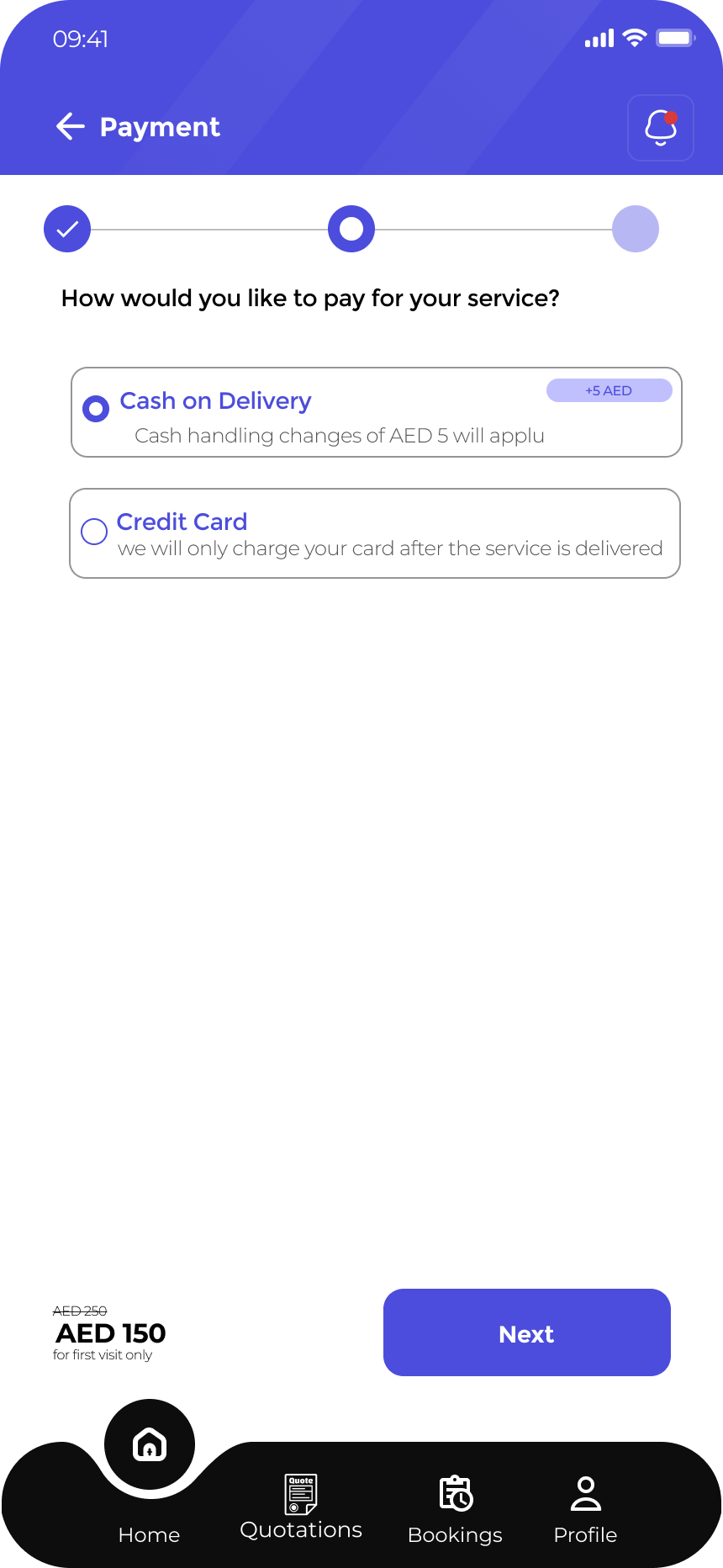 House Maintenance payment selection screen