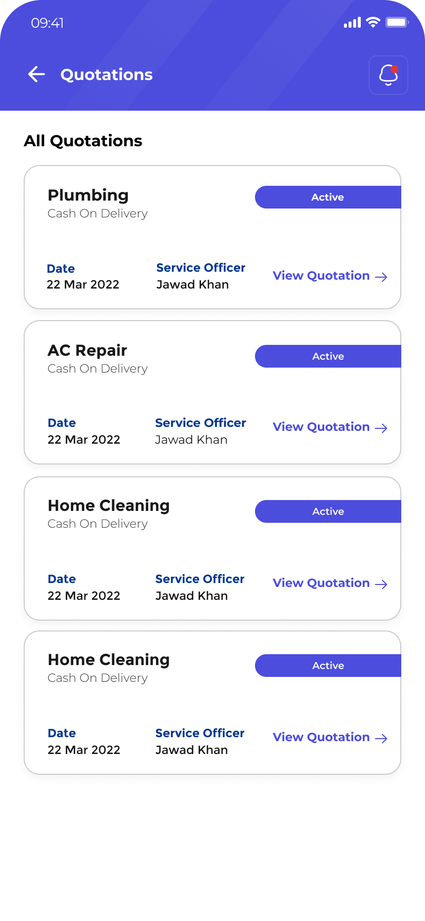 House Maintenance quotations overview screen