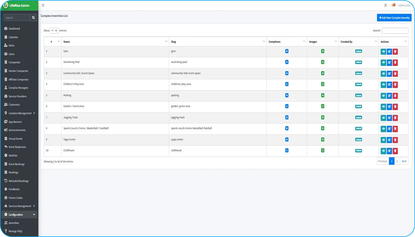 LifeRise Solutions complex amenities screen
