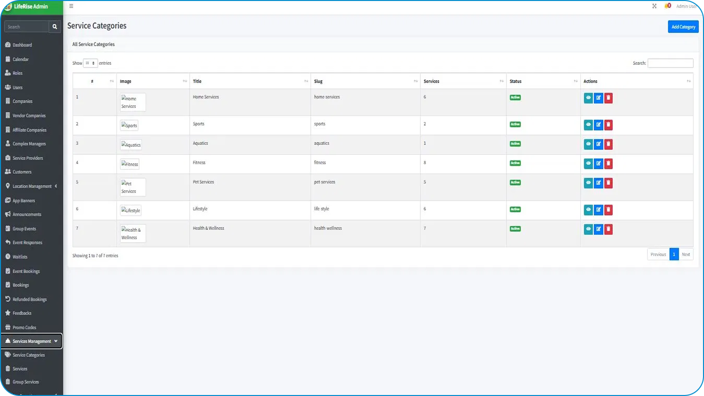 LifeRise Solutions service categories screen