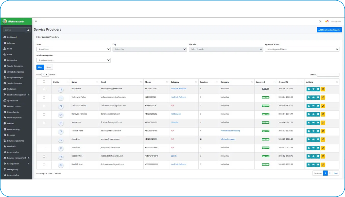 LifeRise Solutions service providers management screen