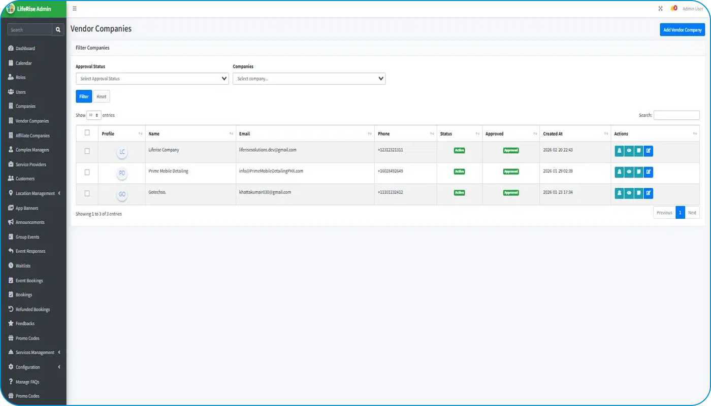 LifeRise Solutions vendor companies management screen