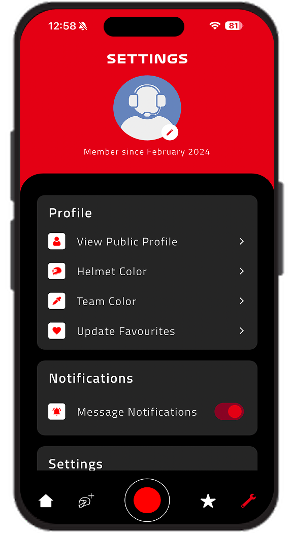 Team Radio profile and settings screen