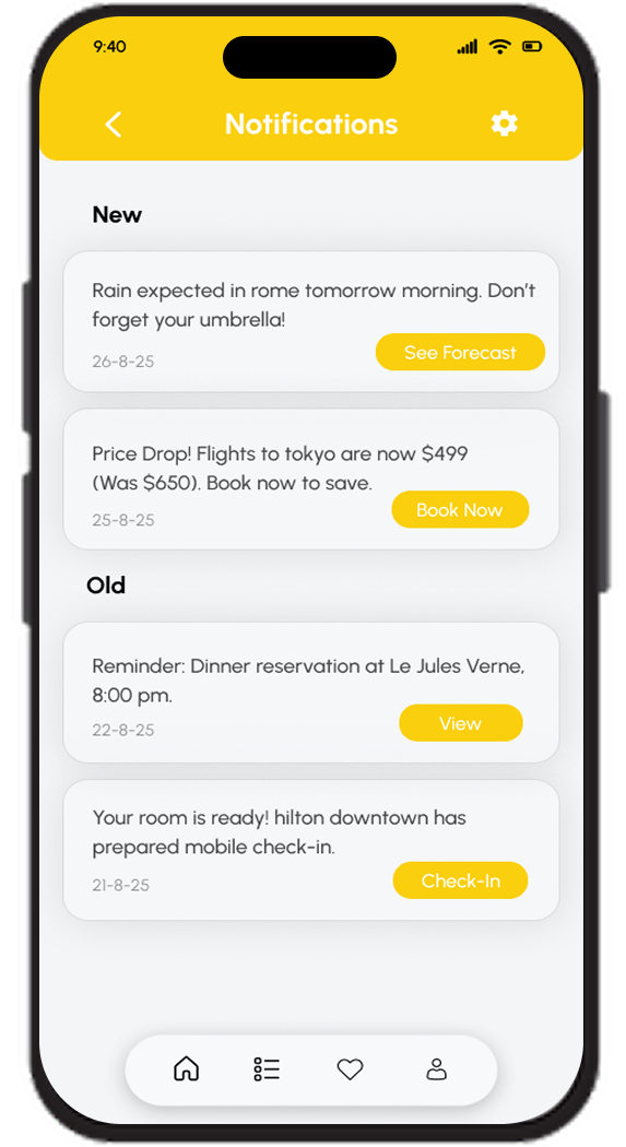 Trip Mate travel notifications screen