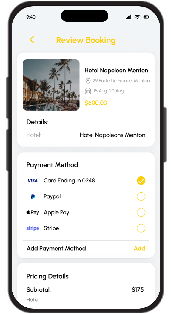 Trip Mate review booking screen