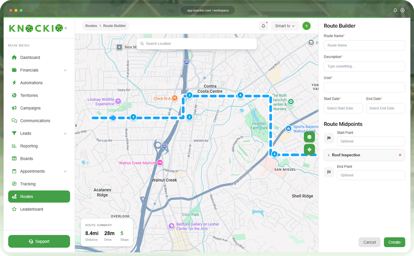 Knockio route builder and territory mapping interface