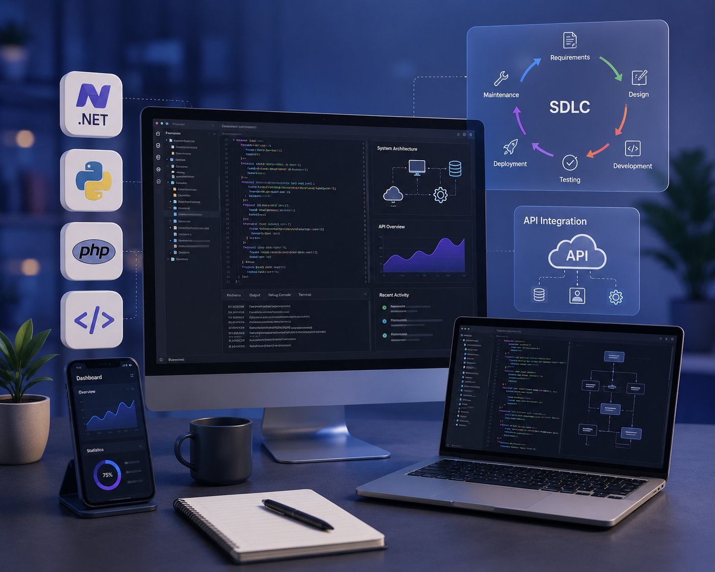 Custom software development, engineer writing code