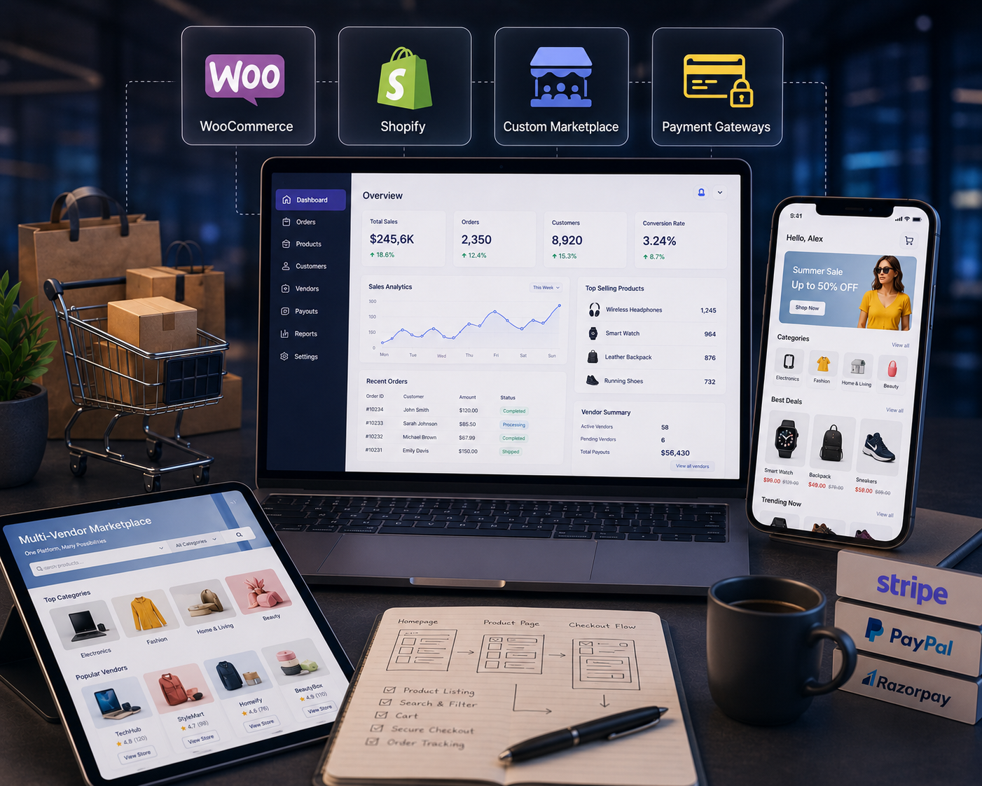 E-commerce and marketplace development, digital payments and online retail