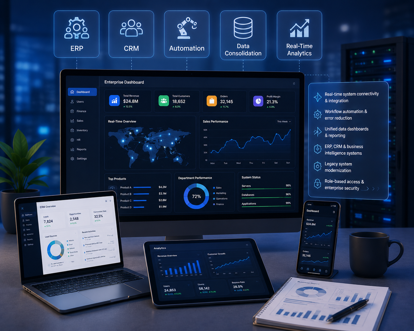 Enterprise application development, team collaborating in office