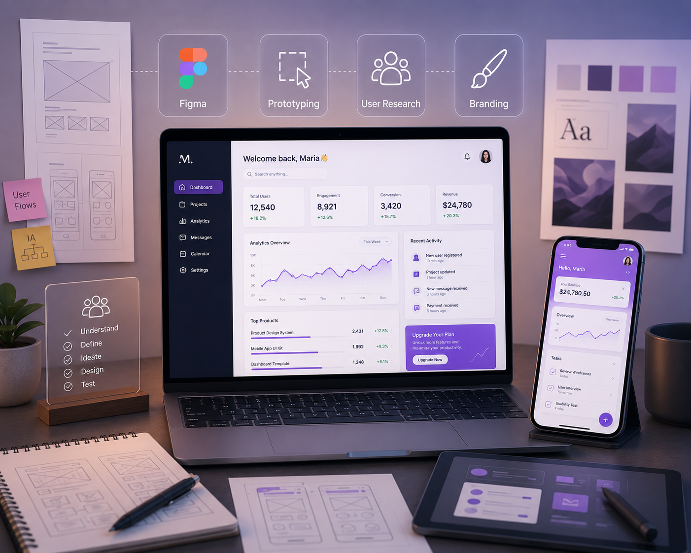 UI/UX design, creative interface and layout work